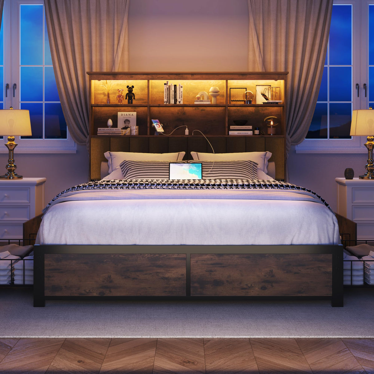 Queen Bed Frame with Storage Drawers and Charging Station M62240