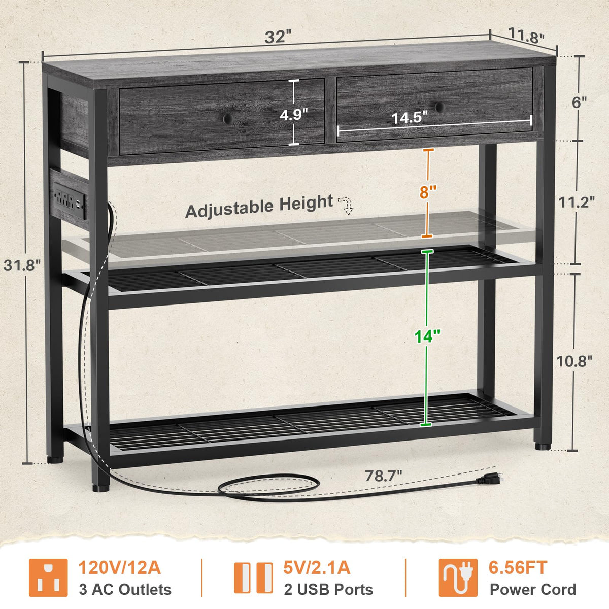32" Entryway Table with Outlets and Drawers P150944