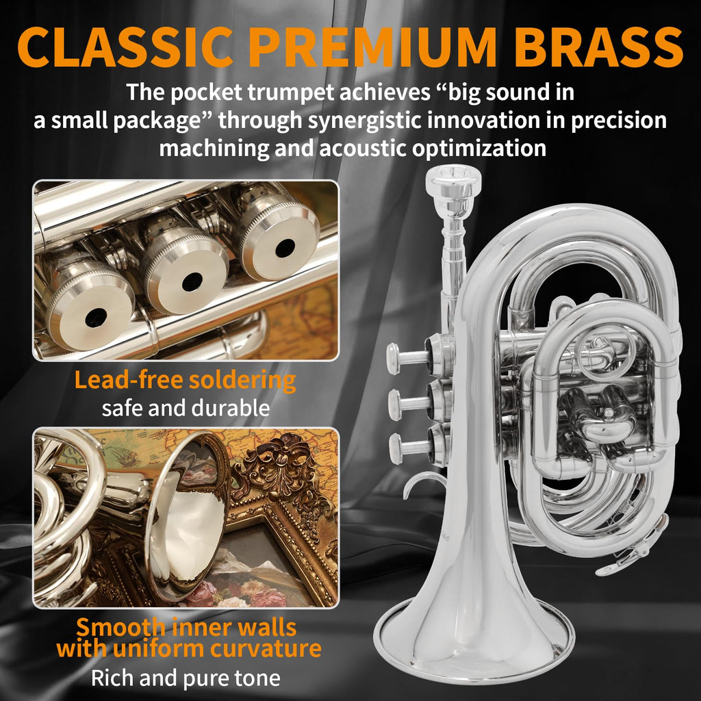 Bb Portable Pocket Trumpet with Case, 7C Mouthpiece and Cleaning Kit P123