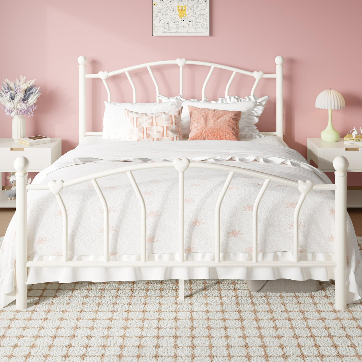 Full Size Cream White Metal Bed Frame Q6076