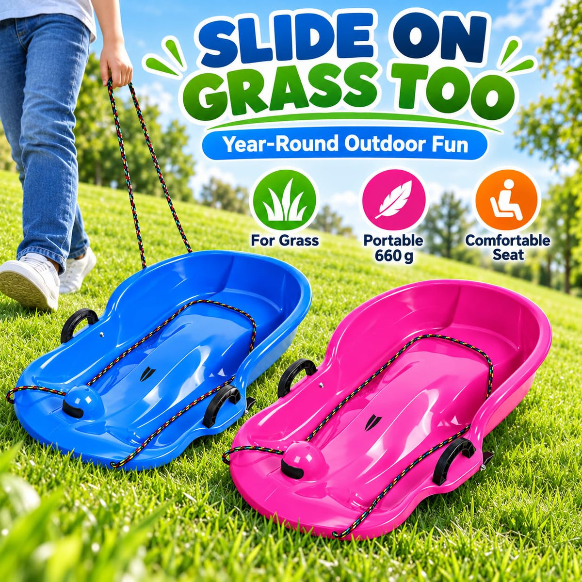 2 Pack 65cm Plastic Snow Sleds with Brake Handles and Pull Rope S844942