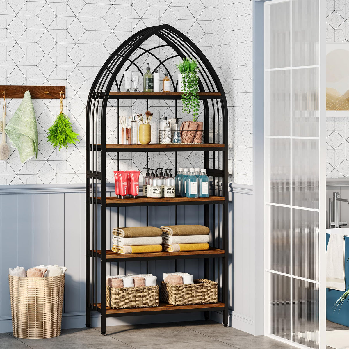 5-Tier 74.8-Inch Tall Curved Wood Bookshelf with Metal Frame D76730