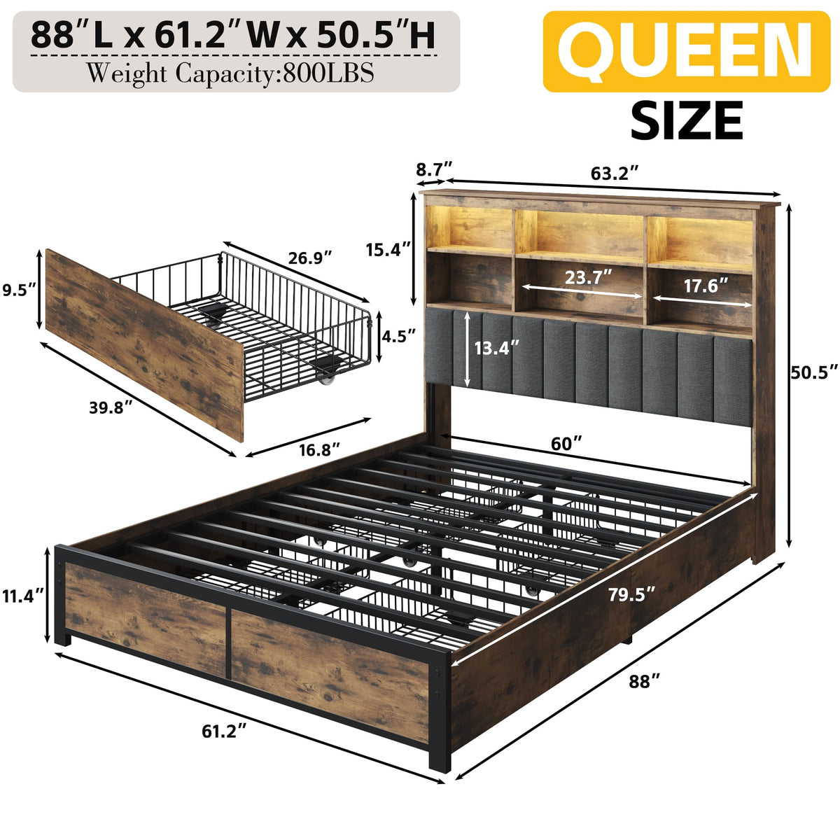 Queen Bed Frame with Storage Drawers and Charging Station M62240