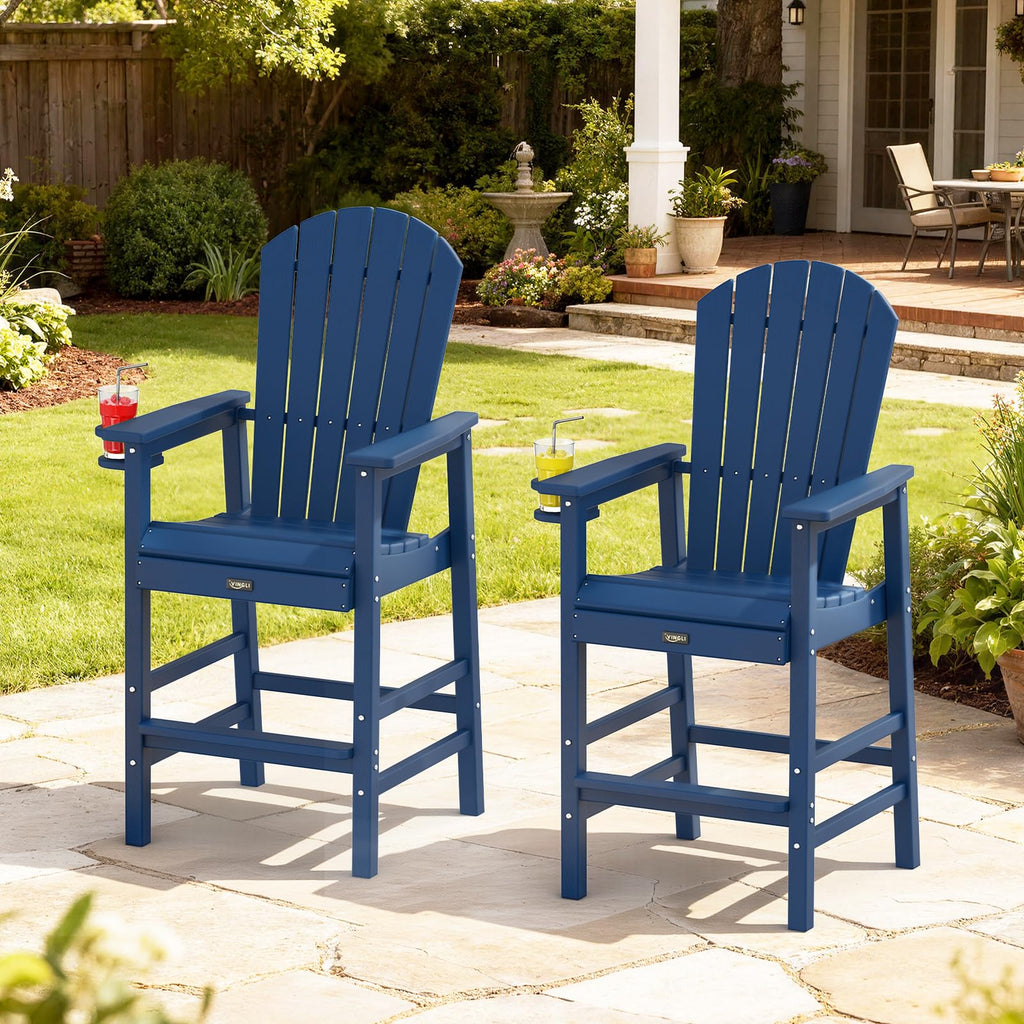 Tall Adirondack Chairs Set of 2, All-Weather Plastic with Cup Holders, Navy Blue W6971