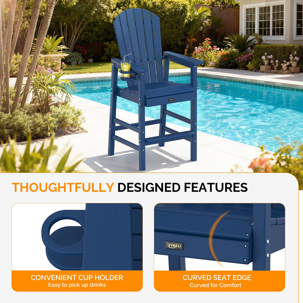 Tall Adirondack Chairs Set of 2, All-Weather Plastic with Cup Holders, Navy Blue W6971