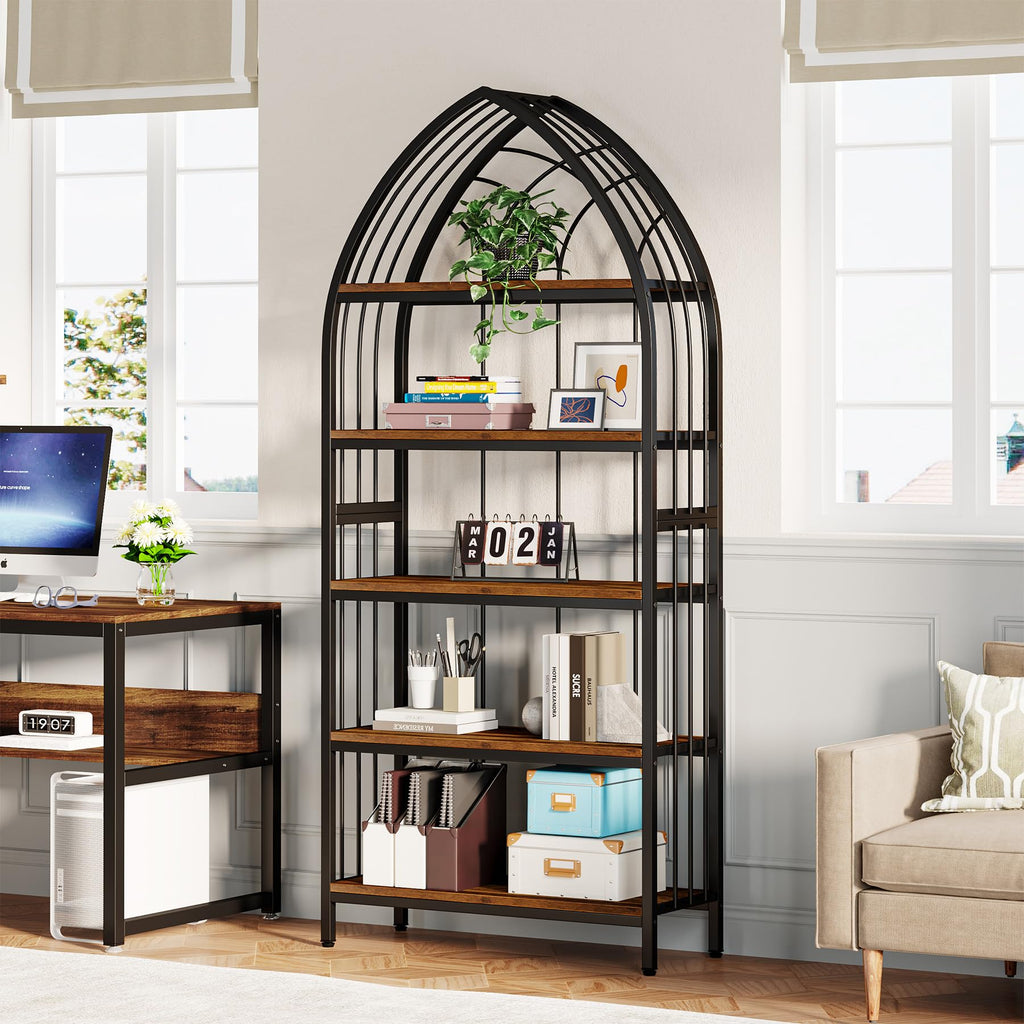 5-Tier 74.8-Inch Tall Curved Wood Bookshelf with Metal Frame D76730