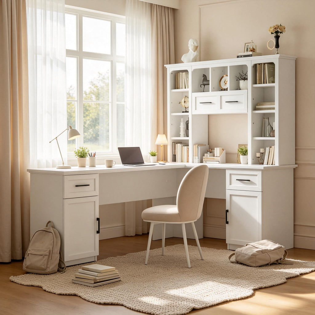 65 Inch White L Shaped Computer Desk with Hutch and Drawers T39128
