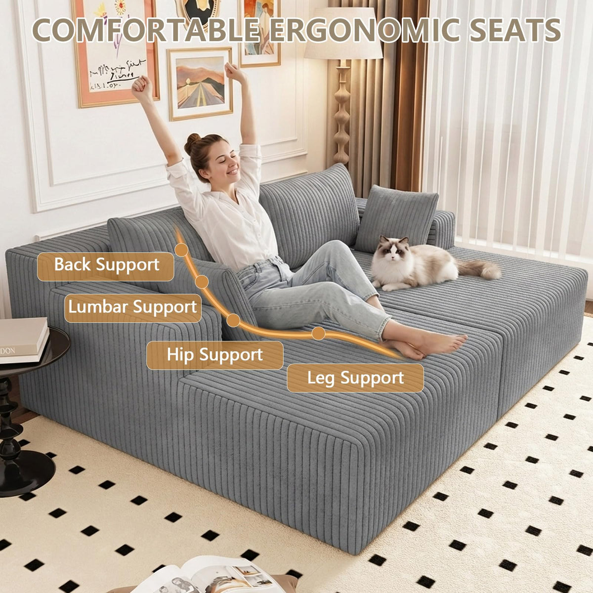 Oversized Corduroy Double Chaise Lounge with 4 Pillow K41602
