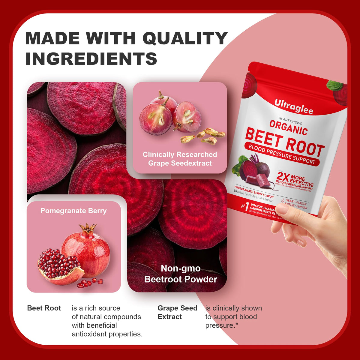 Beet Root Chewable Nitric Oxide Support Soft Chews 60 Pomegranate Berry Flavor R3266