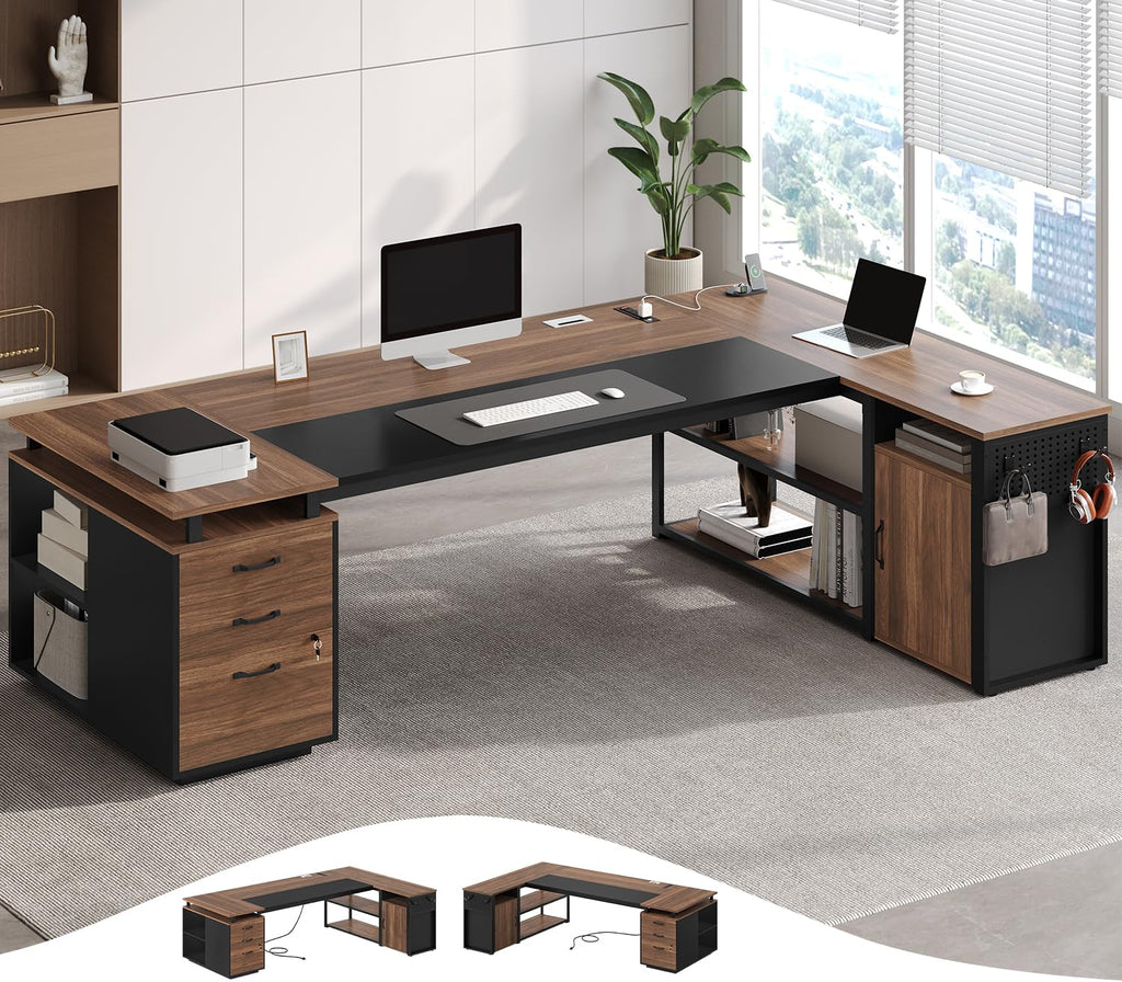 78" Walnut L Shaped Executive Desk with File Cabinet and Outlets V40468