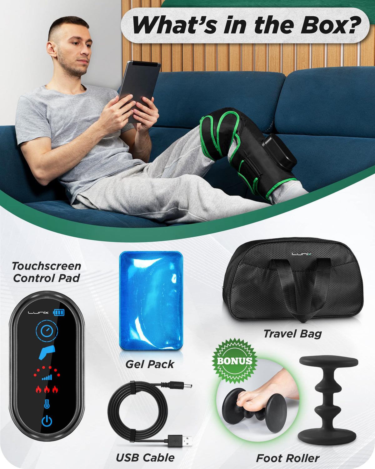 Cordless Knee Massager with Heat, Compression & Vibration, Rechargeable Wrap, Forest Green Z799972