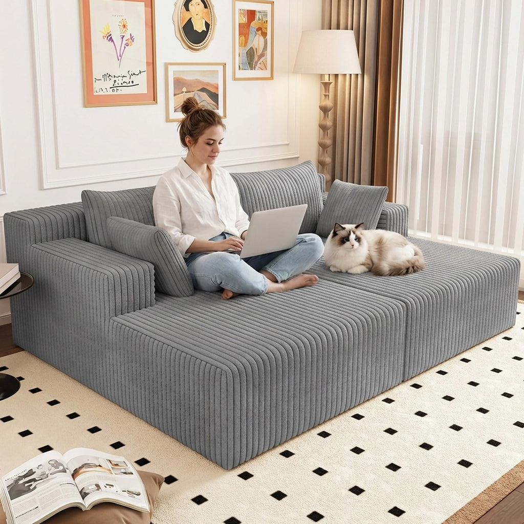 Oversized Corduroy Double Chaise Lounge with 4 Pillow K41602