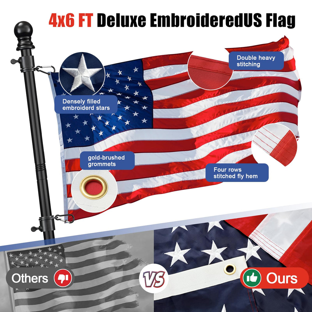 6FT Heavy Duty Tangle Free Flagpole Kit with 4x6FT Embroidered US Flag B98794