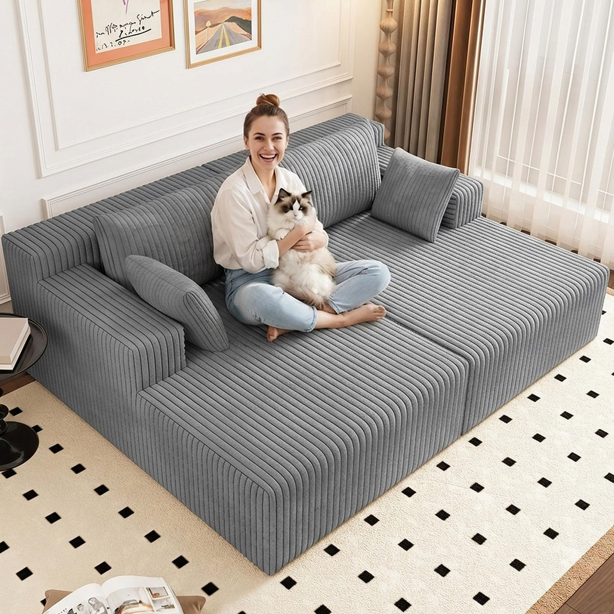 Oversized Corduroy Double Chaise Lounge with 4 Pillow K41602