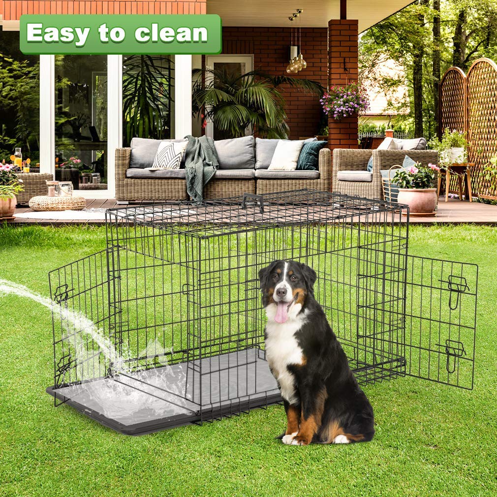 Large Double Door Folding Dog Crate with Divider and Tray E48211