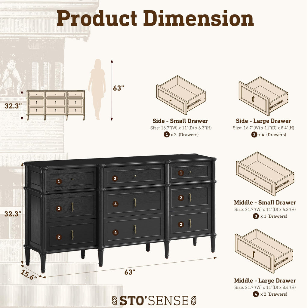 Black 9 Drawer Wood Dresser L615