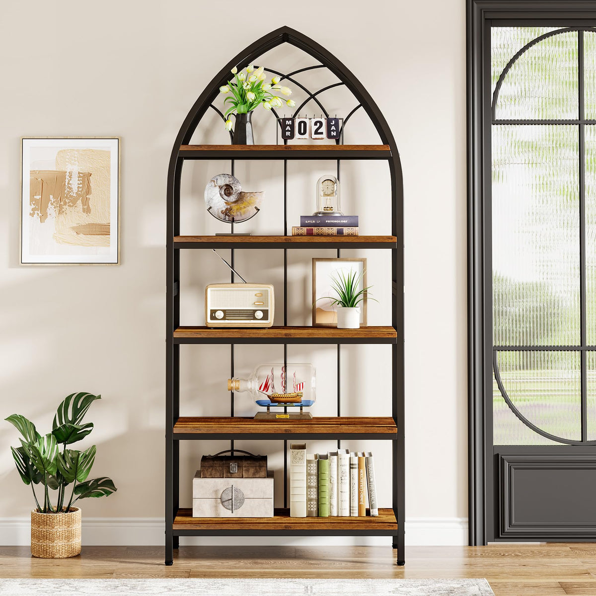 5-Tier 74.8-Inch Tall Curved Wood Bookshelf with Metal Frame D76730