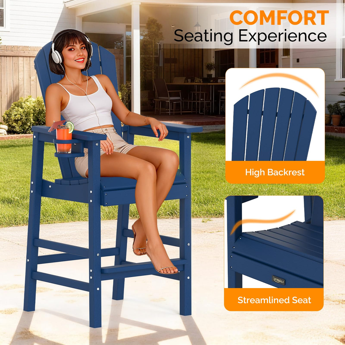 Tall Adirondack Chairs Set of 2, All-Weather Plastic with Cup Holders, Navy Blue W6971