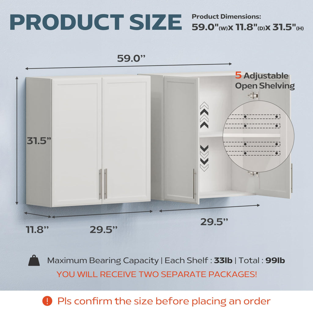 60" W White Laundry Room Wall Cabinets with Adjustable Shelf N269