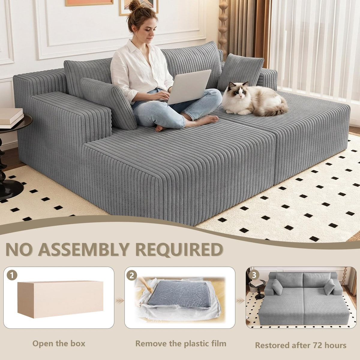 Oversized Corduroy Double Chaise Lounge with 4 Pillow K41602