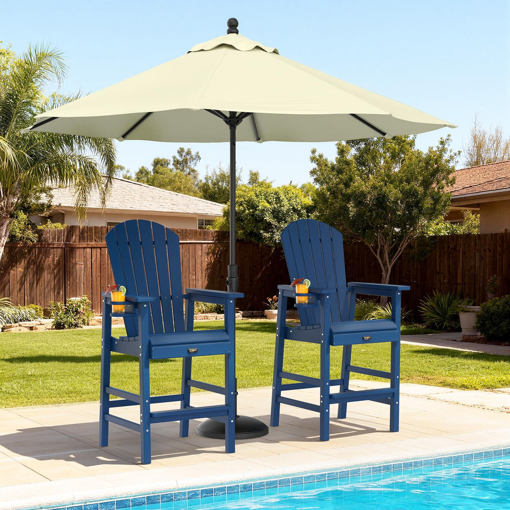 Tall Adirondack Chairs Set of 2, All-Weather Plastic with Cup Holders, Navy Blue W6971