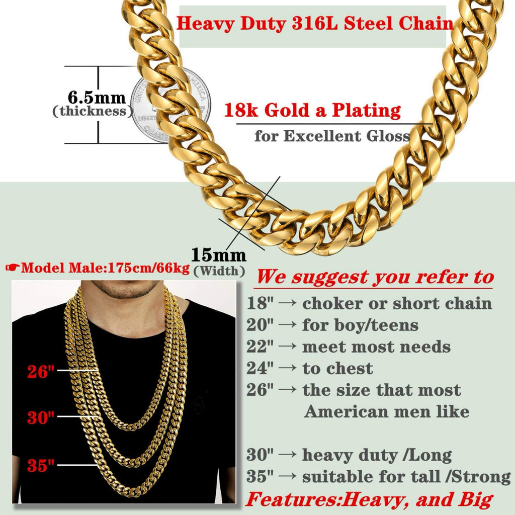 15mm 18k Gold Stainless Steel Cuban Link Chain E939