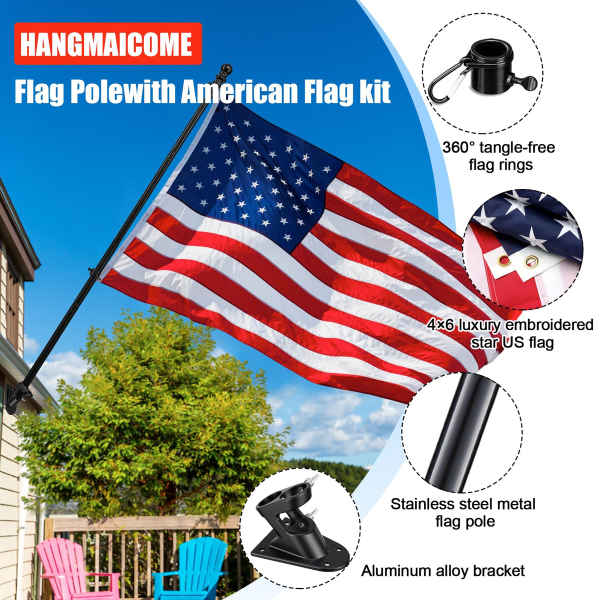 6FT Heavy Duty Tangle Free Flagpole Kit with 4x6FT Embroidered US Flag B98794