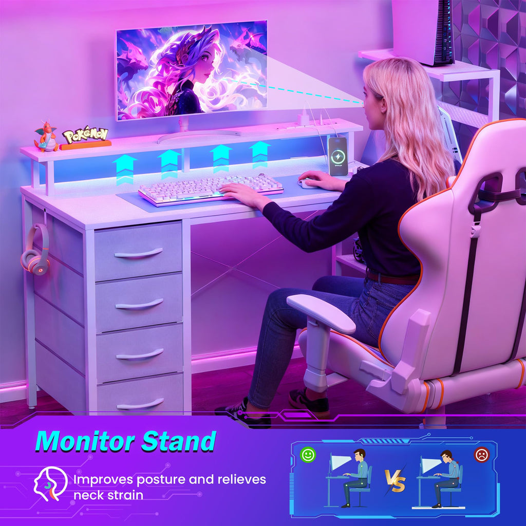 51 Inch White Gaming Desk with Drawers N455071