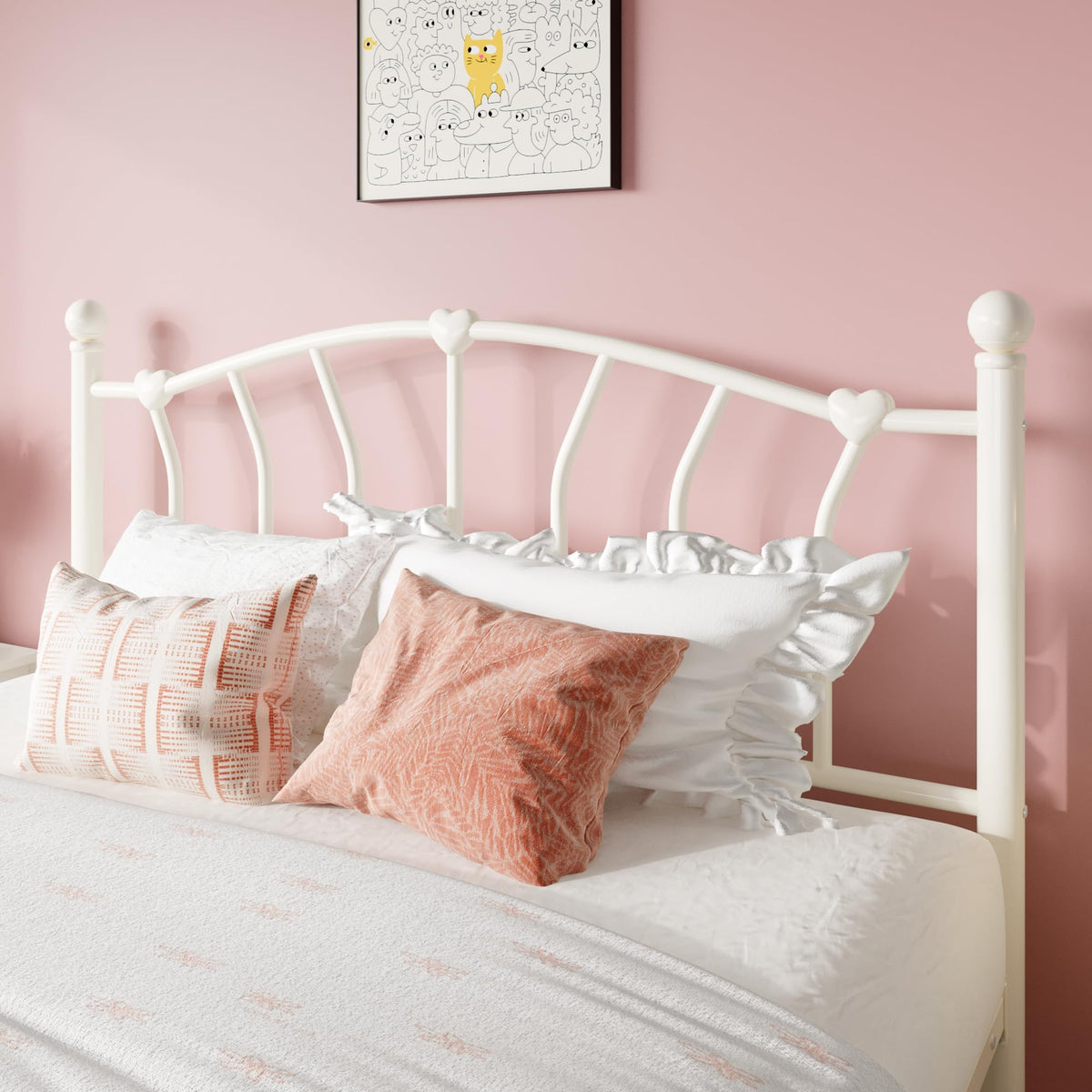 Full Size Cream White Metal Bed Frame Q6076