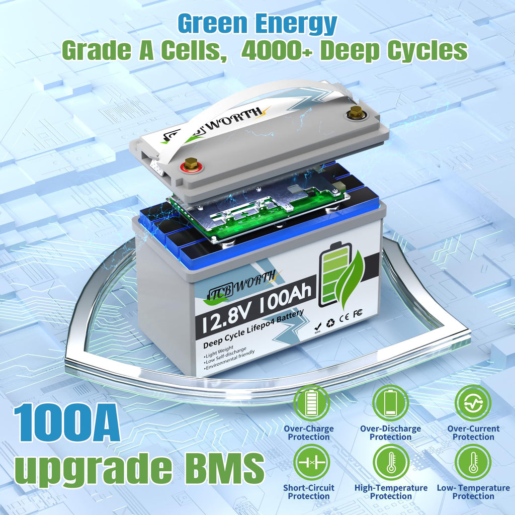 12V 100Ah LiFePO4 Deep Cycle Lithium Battery with 100A BMS O9741