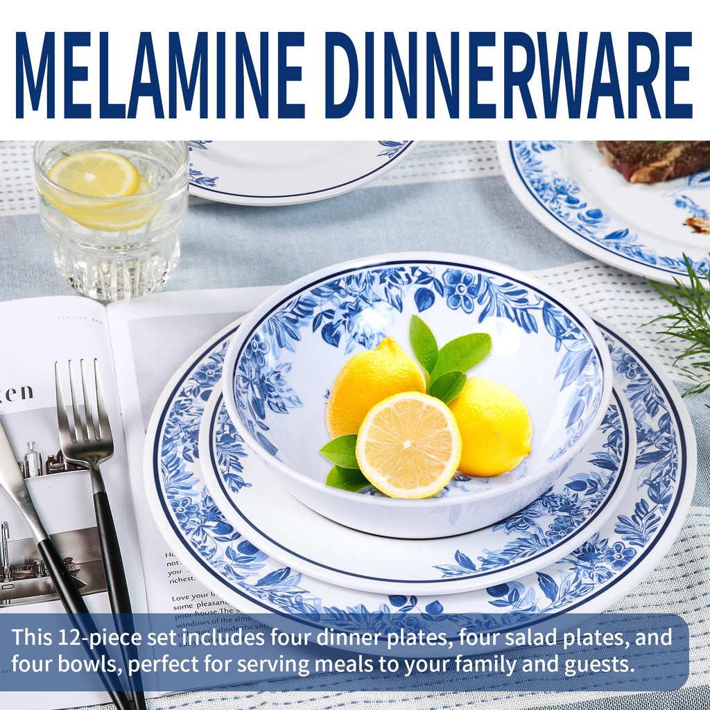 12 Pc Floral Melamine Dinnerware Set E880209