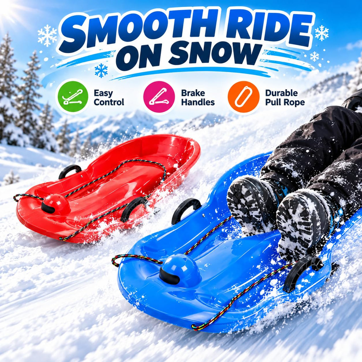 2 Pack 65cm Plastic Snow Sleds with Brake Handles and Pull Rope S844942