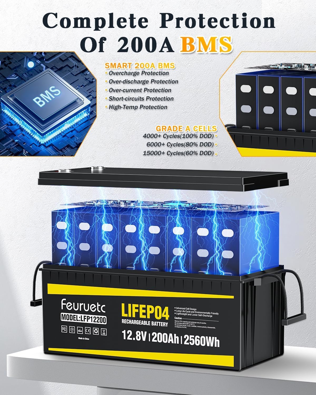 12V 200Ah LiFePO4 Deep Cycle Lithium Battery with 200A BMS N988505