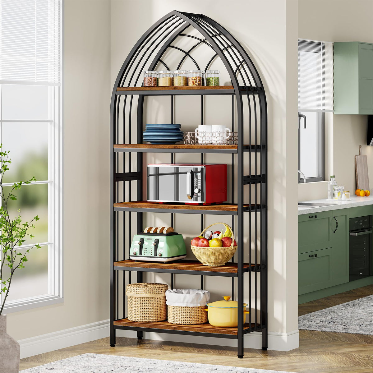 5-Tier 74.8-Inch Tall Curved Wood Bookshelf with Metal Frame D76730