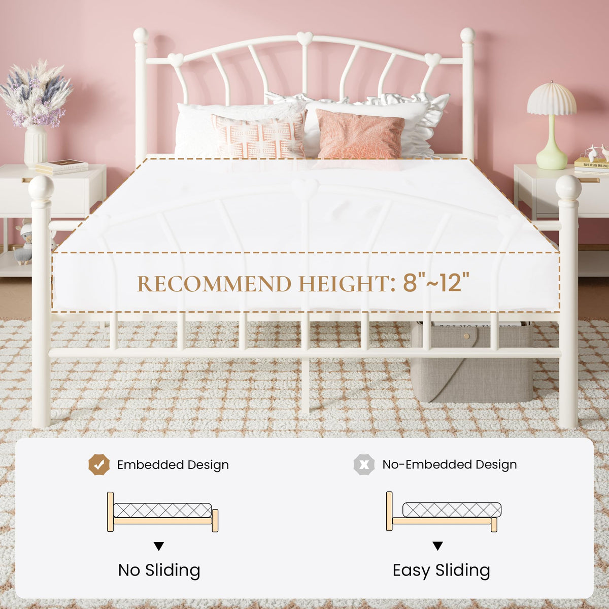 Full Size Cream White Metal Bed Frame Q6076