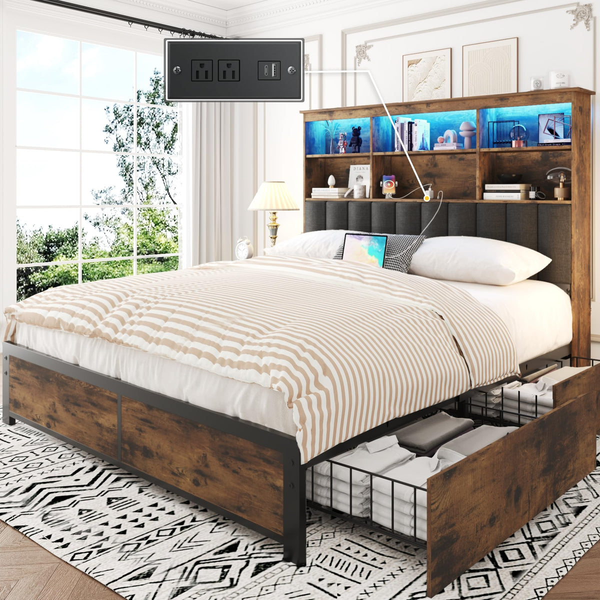 Queen Bed Frame with Storage Drawers and Charging Station M62240