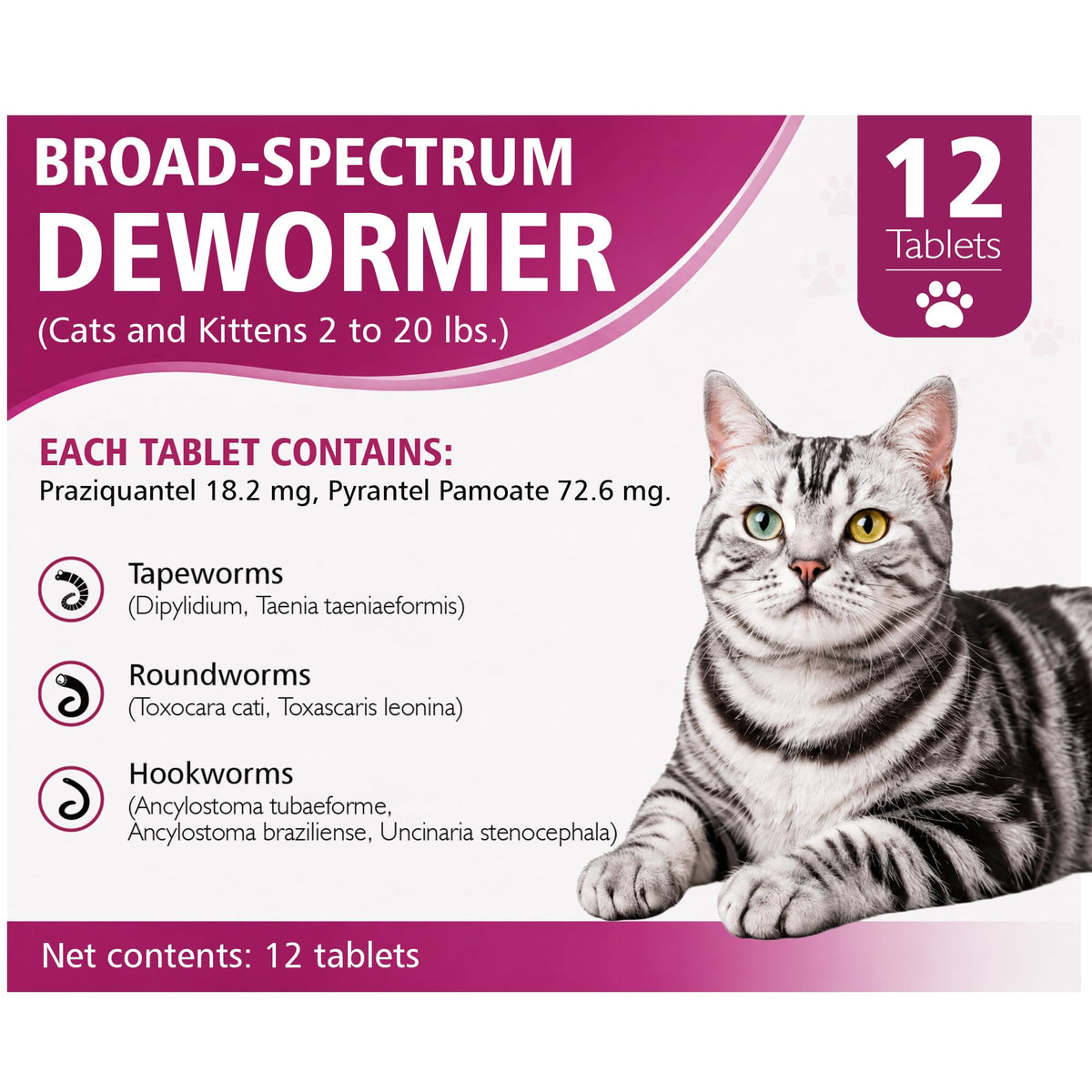 Broad-Spectrum Dewormer for Cats and Kittens, 12 Tablets P846