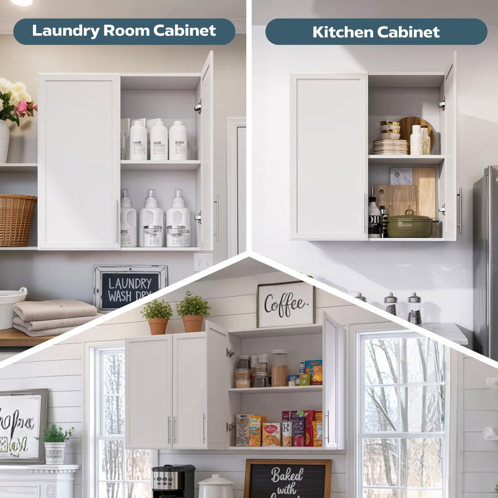 60" W White Laundry Room Wall Cabinets with Adjustable Shelf N269