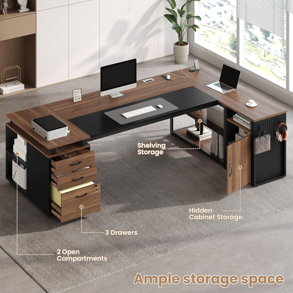 78" Walnut L Shaped Executive Desk with File Cabinet and Outlets V40468