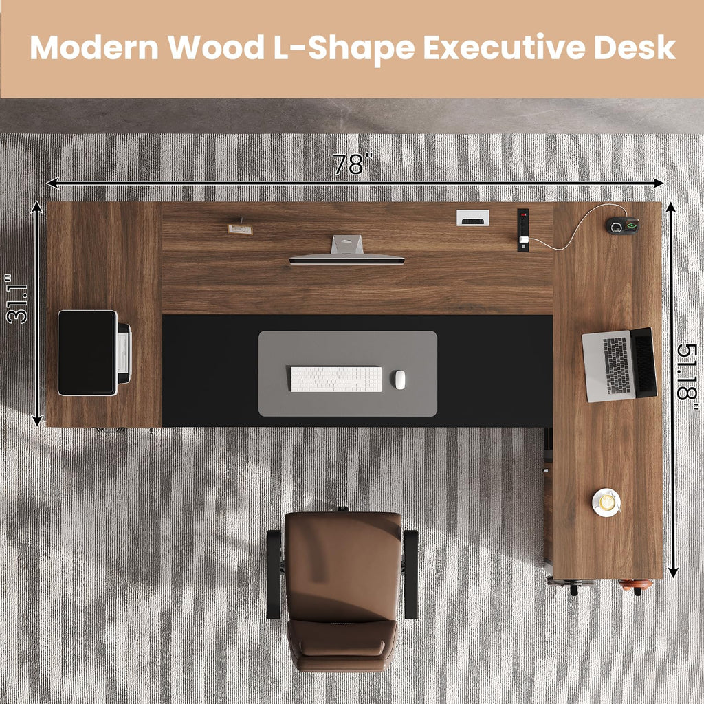 78" Walnut L Shaped Executive Desk with File Cabinet and Outlets V40468