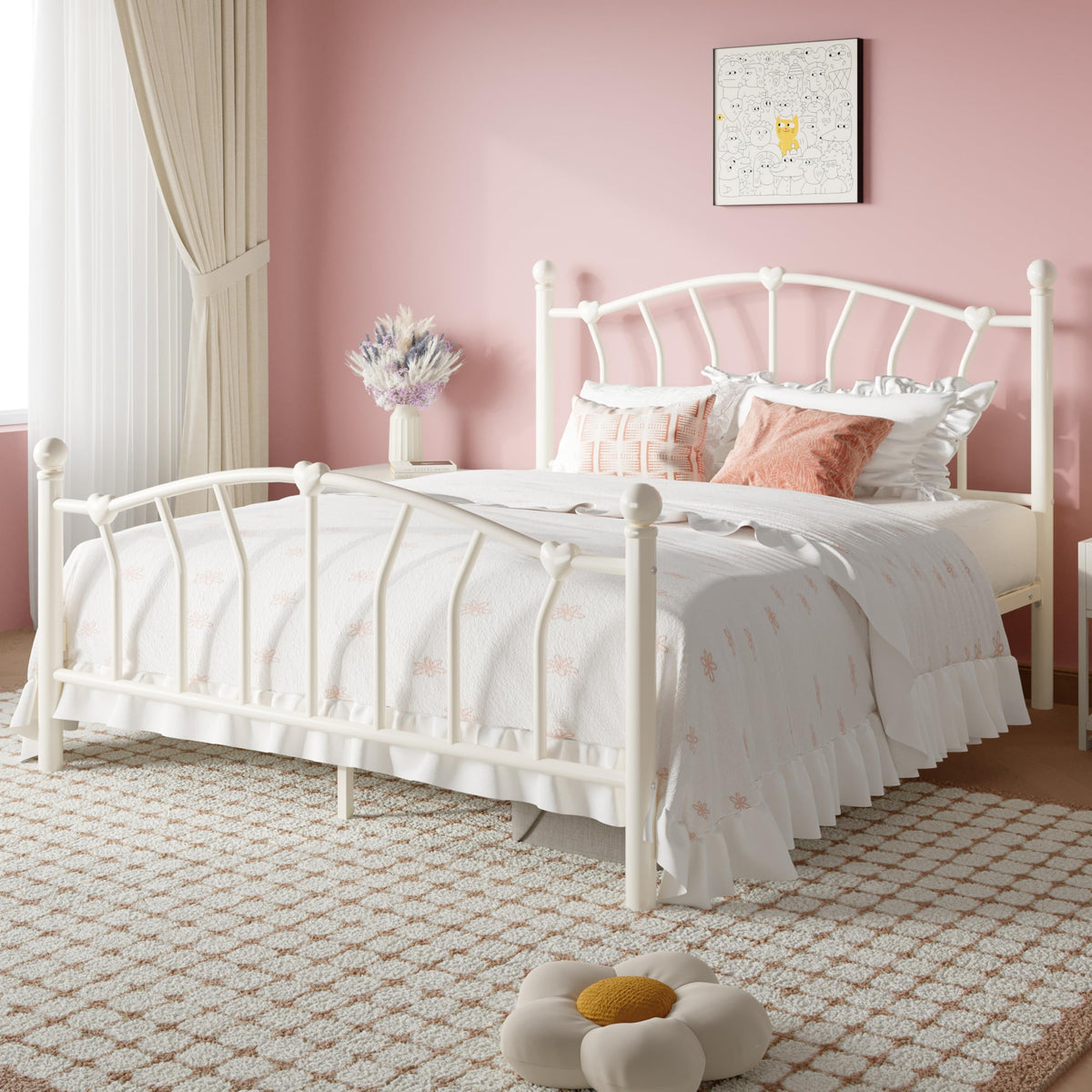 Full Size Cream White Metal Bed Frame Q6076