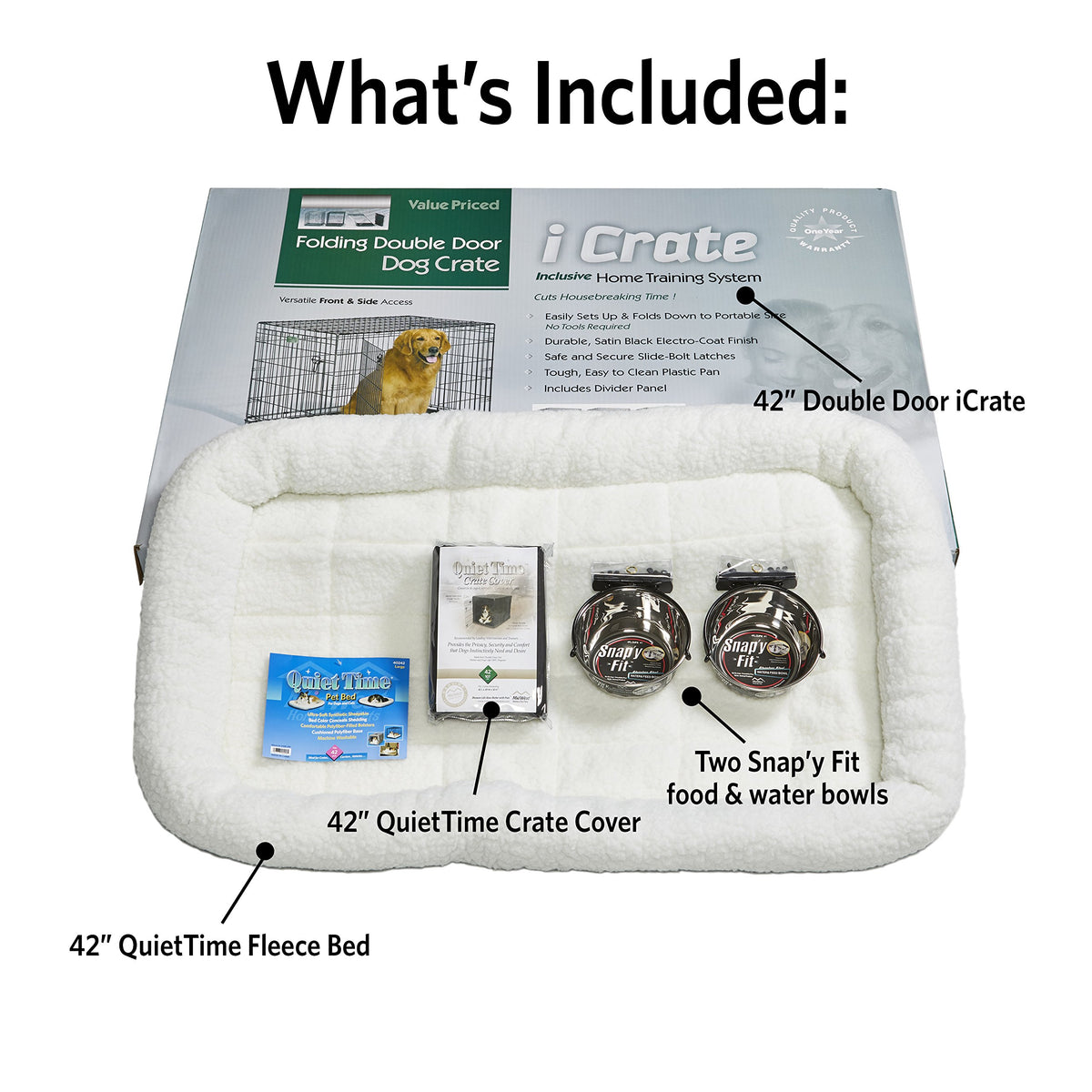 42-inch Double Door Dog Crate with Pet Bed, 2 Bowls and Privacy Cover B236
