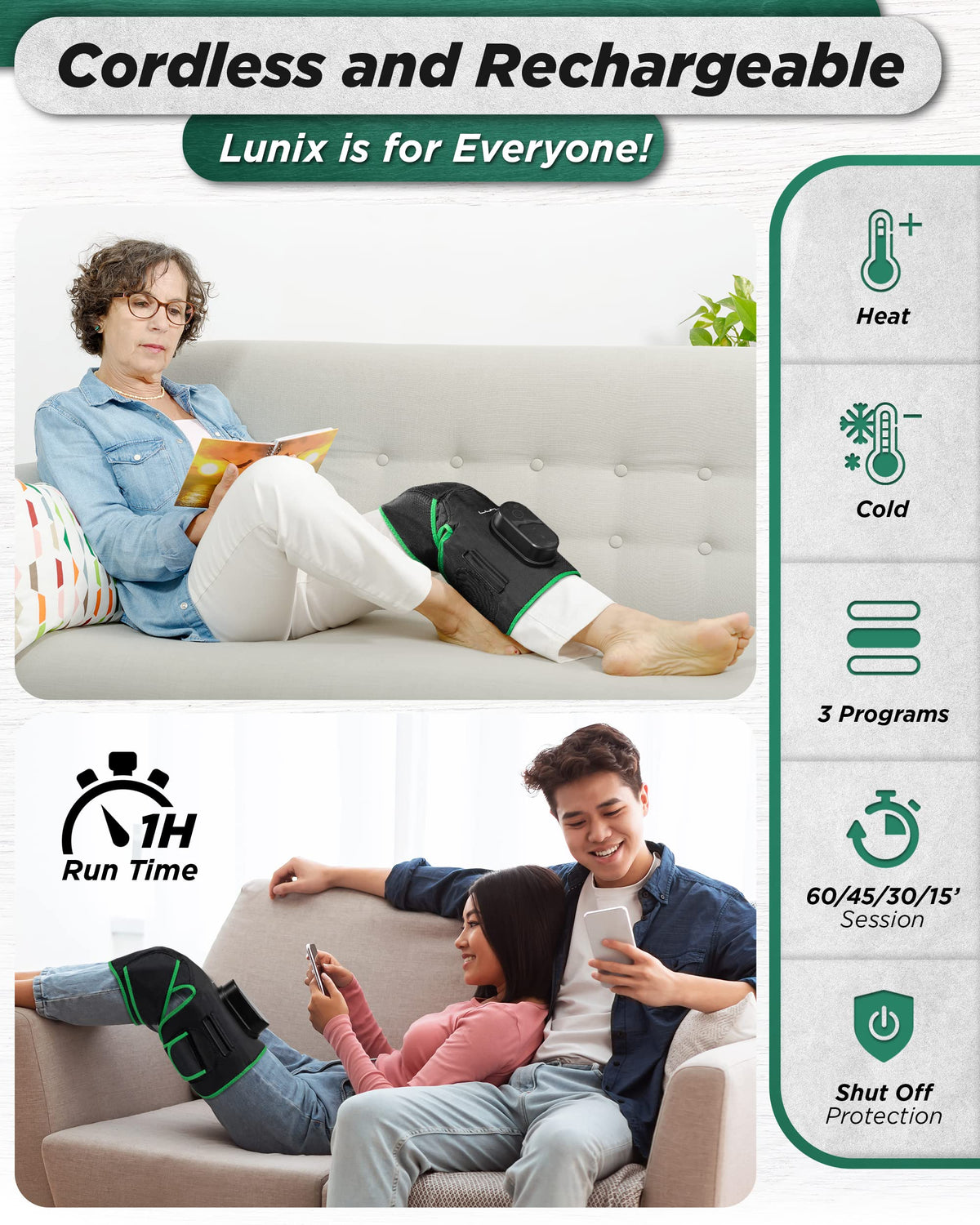 Cordless Knee Massager with Heat, Compression & Vibration, Rechargeable Wrap, Forest Green Z799972